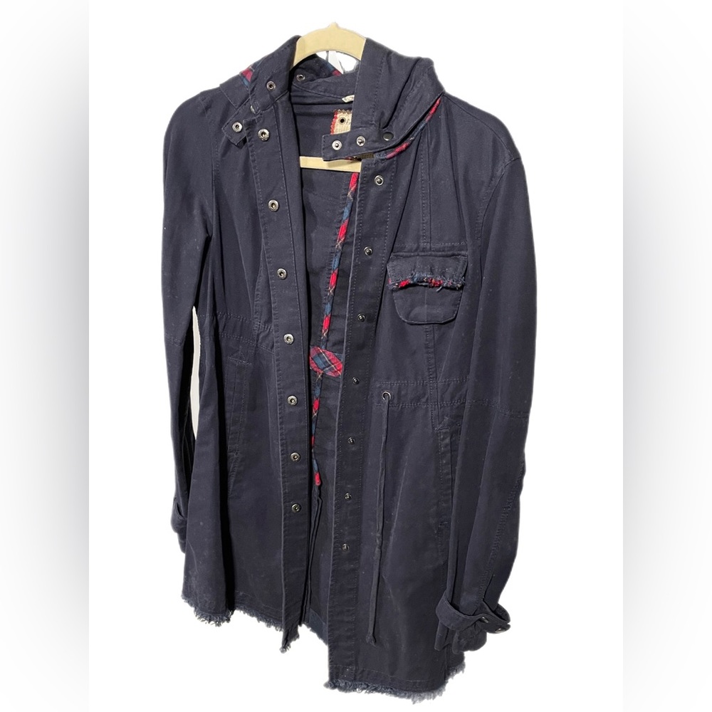 Free People Navy blue jacket red plaid hood